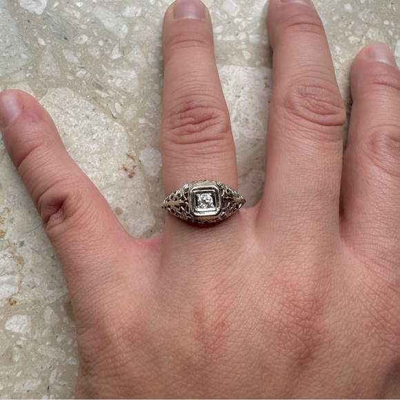 Diamond 18k White Filigree Edwardian Ring - Picture 11 of 14